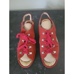 FLY LONDON Sandal Ylfa Lace Up Leather Open Toe Wedge Red Size EU41 US 10.5